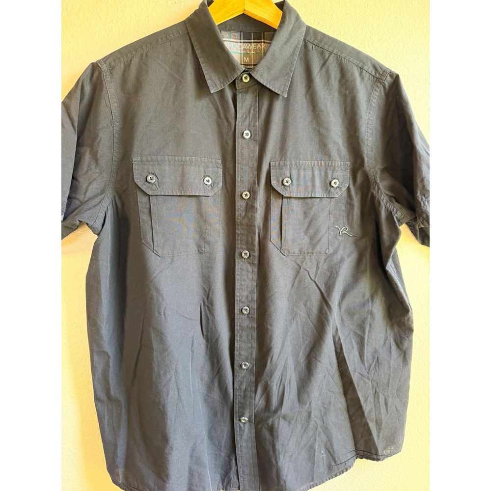 Rocawear Mens M Button Up Shirt Gray Short Sleeve Woven Cotton Poly Pockets